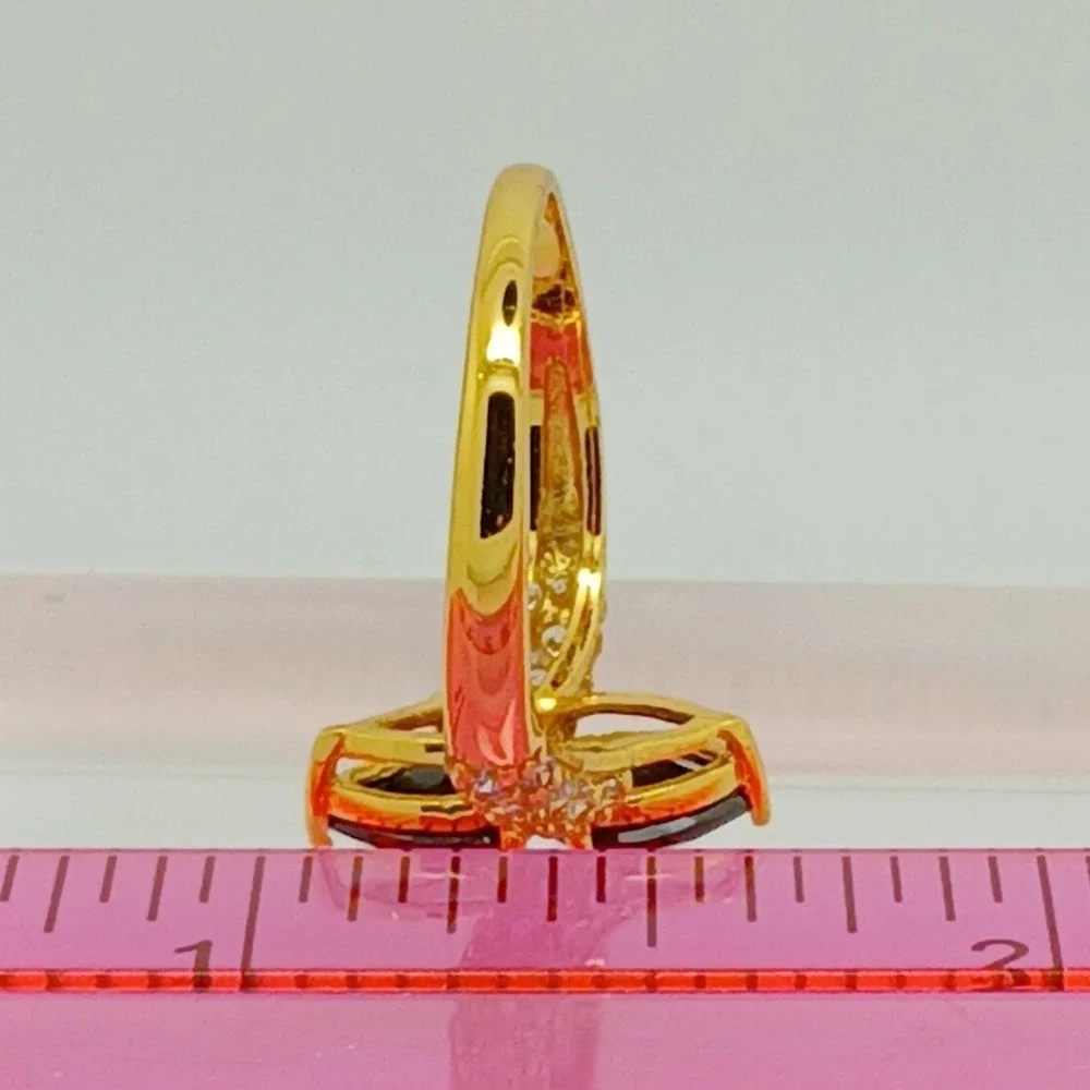 Vintage Gold Tone Bypass Black Pear Cut Pavé Sim Diamond CZ Accent Ring Size 7.5